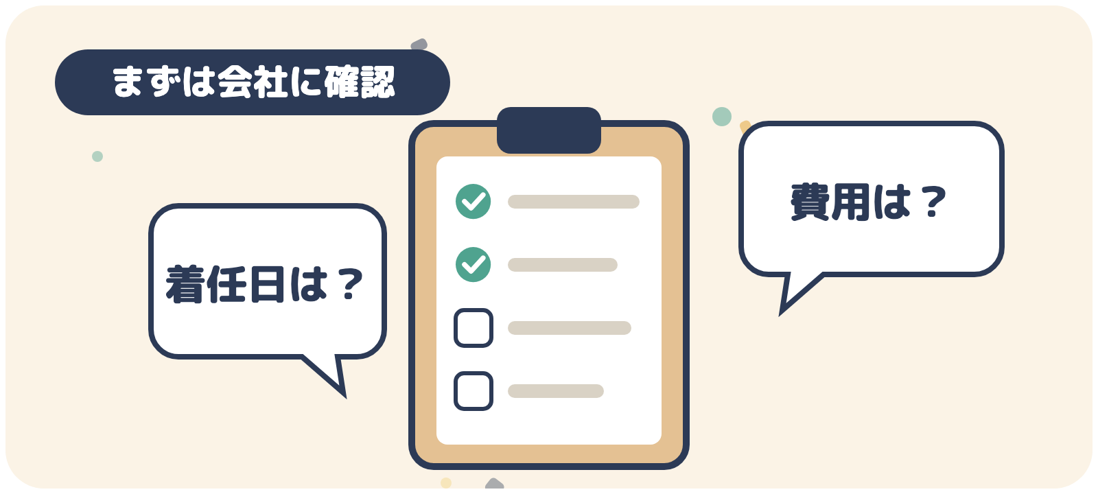 まずは会社に着任日や費用を確認する